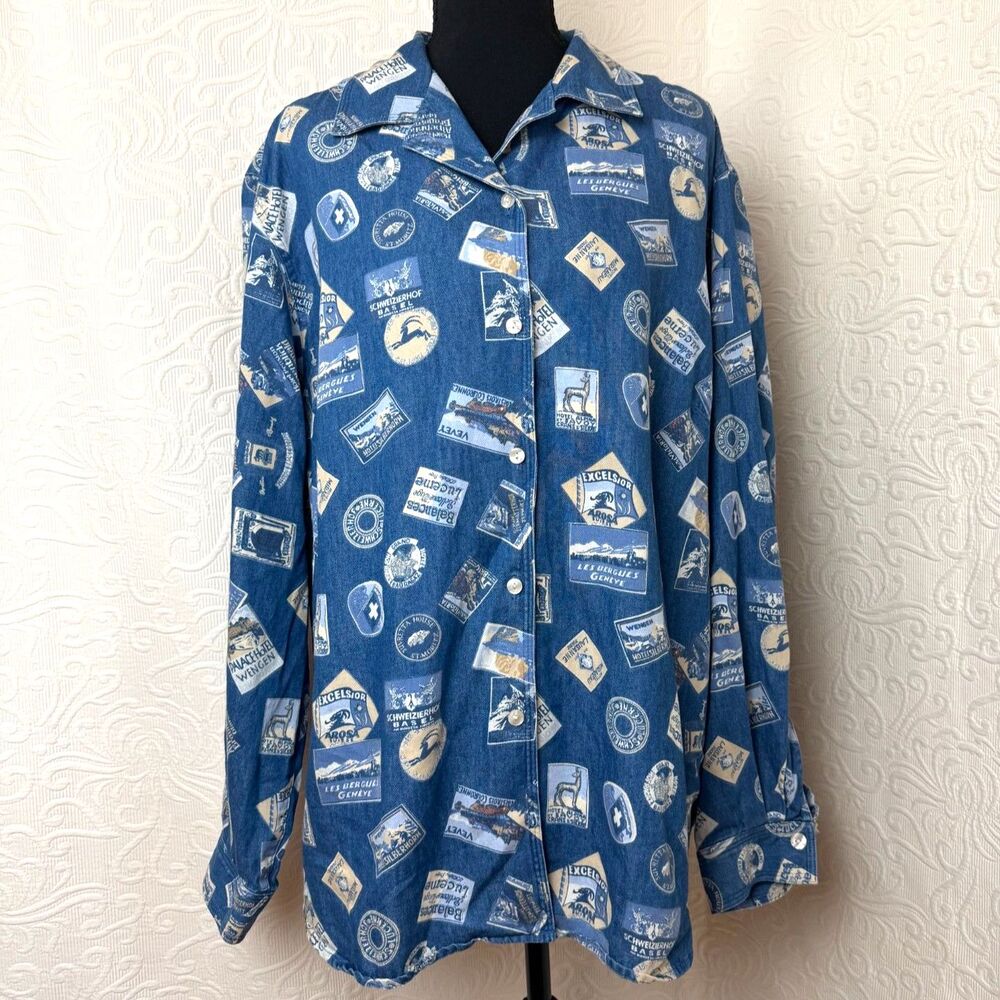 VTG 90s Liz Claiborne Denim Postage Stamp Travel Shirt Button Down Oversized XXL